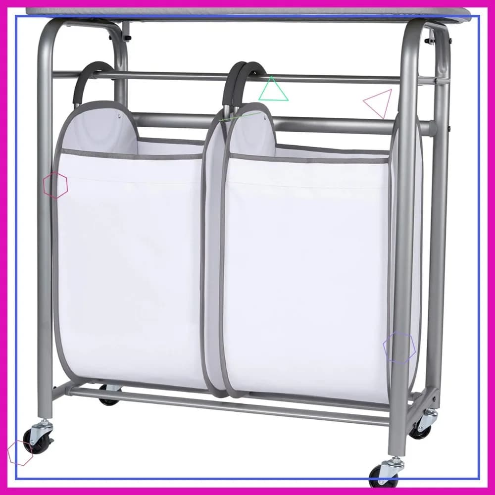 Carrello Portabiancheria 3-in-1 con Asse da Stiro, 2 Cesti Rimovibili, Carrello con Ruote per Piegare e Stirare, Tessuto Anti-Odore