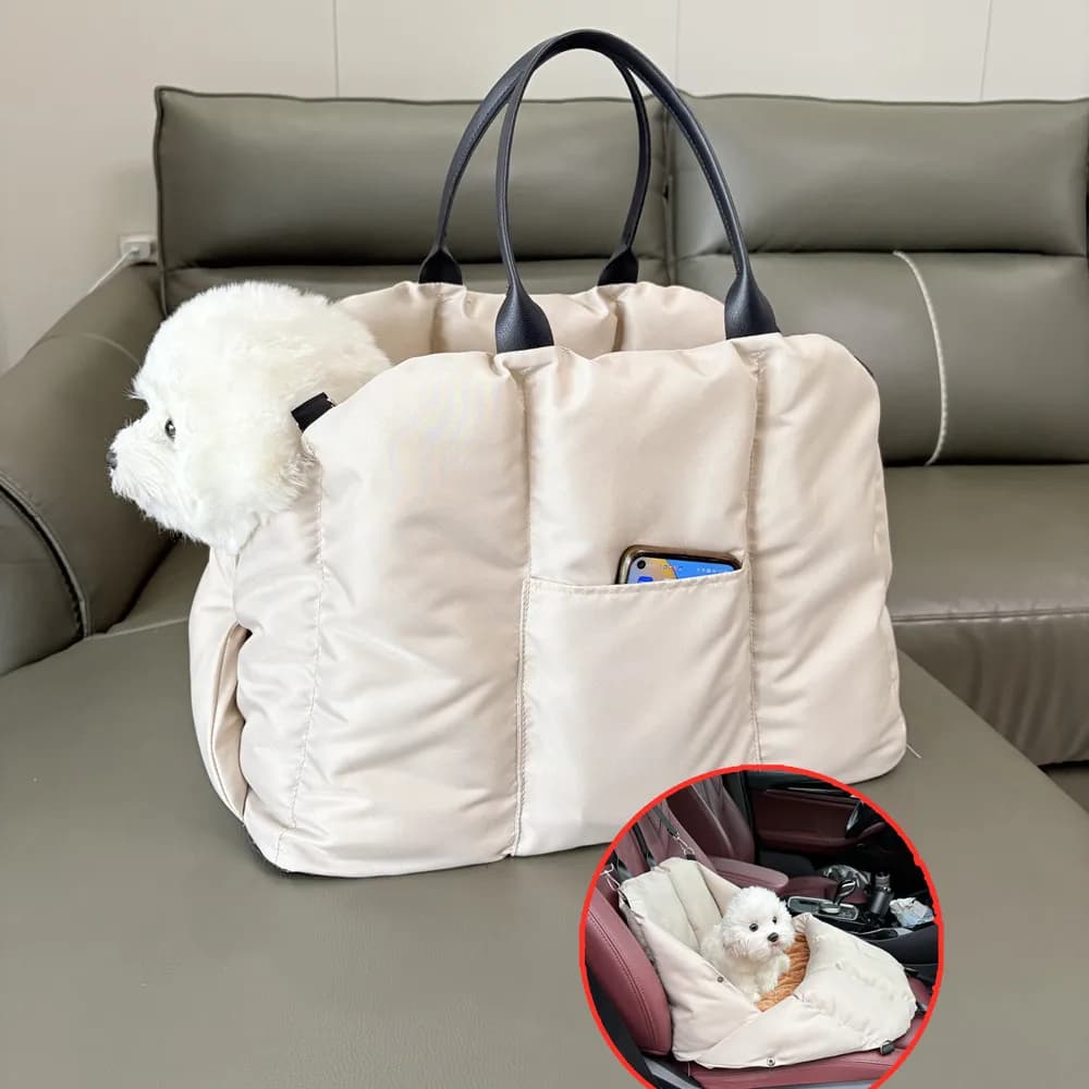 Dog Car Seat for Small Dogs Cats, Washable Soft Fabric With Pillow Basepad Adjustable Straps and Clip-on Leash Travel Carrier Be