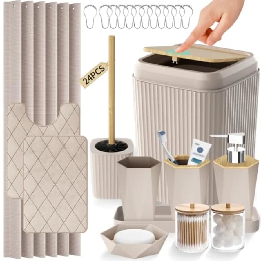Set Accessori Bagno - Set Bagno Beige con Porta Asciugamani, Tappeti, Cestino, Porta Carta Igienica, Dispenser Sapone e Porta Dentifricio