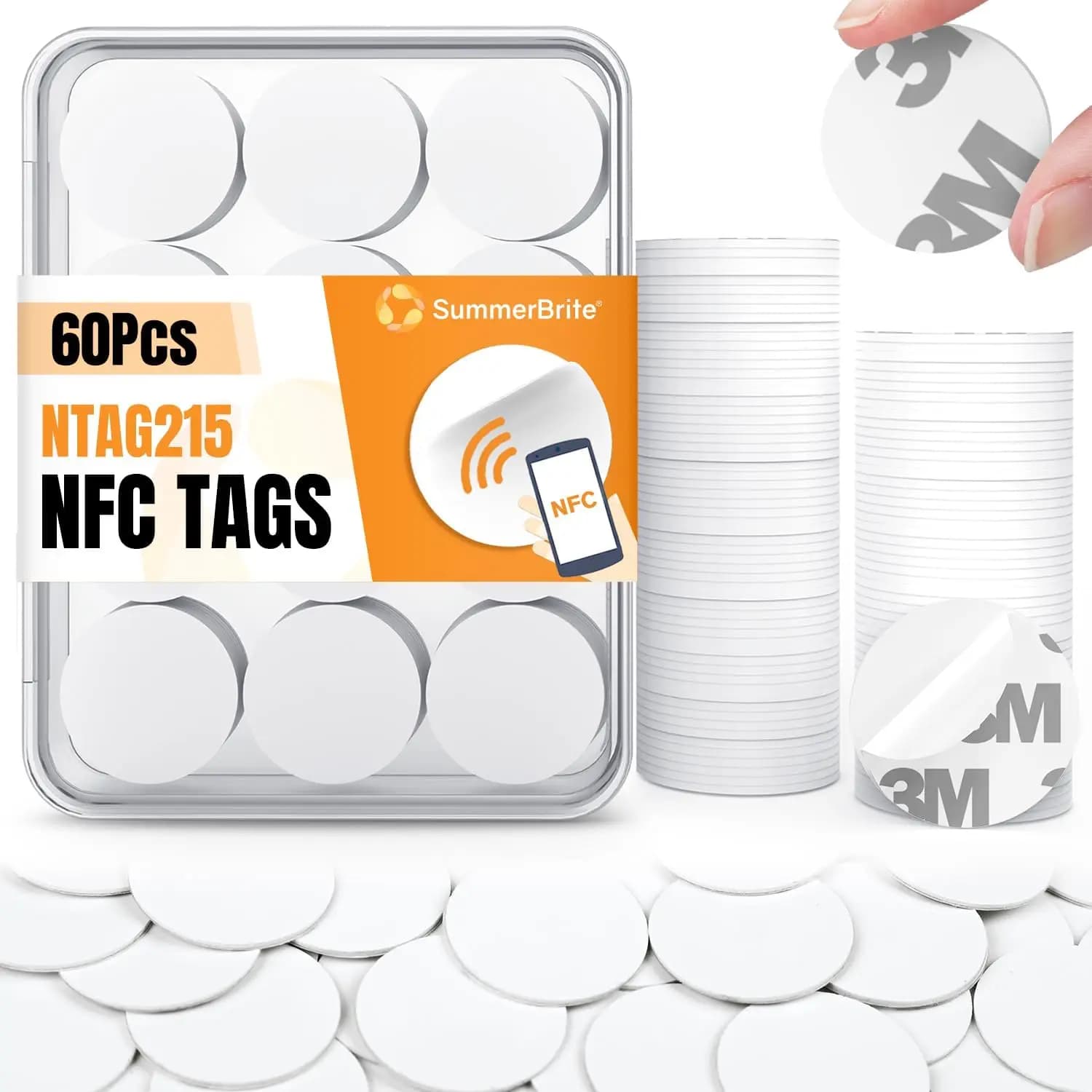 Confezione da 60 Tag NFC NTAG215, Carte Adesive Vuote, Riscrivibili 504 Byte, Compatibili con TagMo e Dispositivi NFC