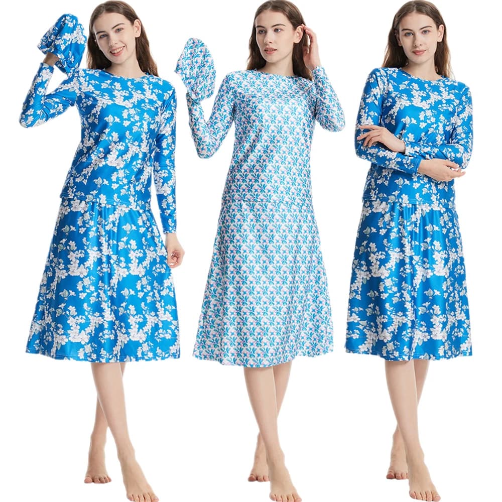 Costume da bagno stampato musulmano modesto 3 pezzi Burkini costume da bagno islamico bikini copertura completa costume da bagno arabo manica lunga gonna superiore set