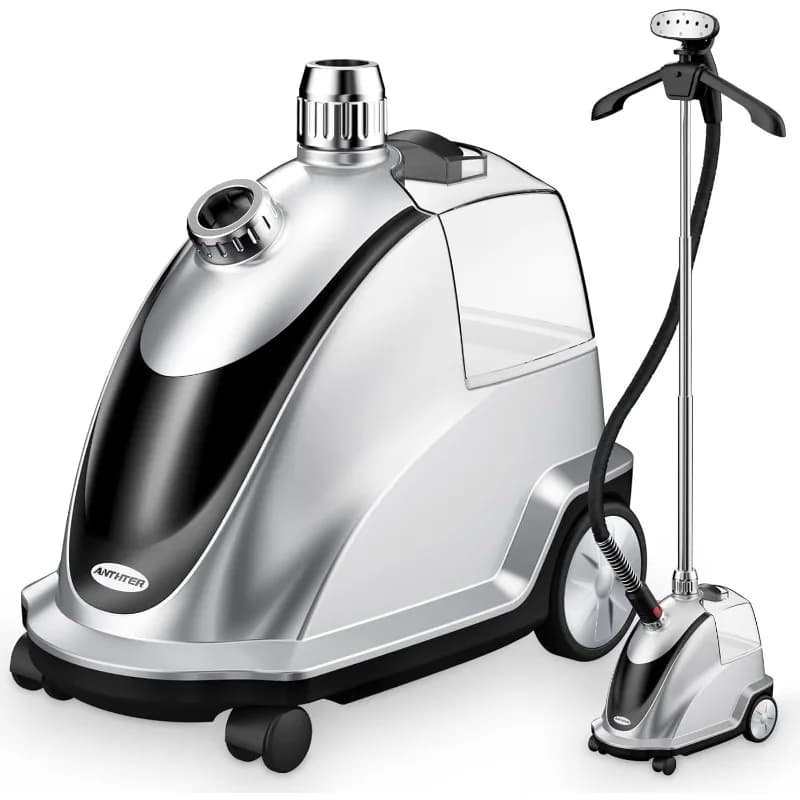 Vaporiera per vestiti, potente vaporizzatore per indumenti da terra da 1500 W con ruote a rullo, serbatoio dell'acqua da 2,4 litri per cottura a vapore continua da 90 minuti