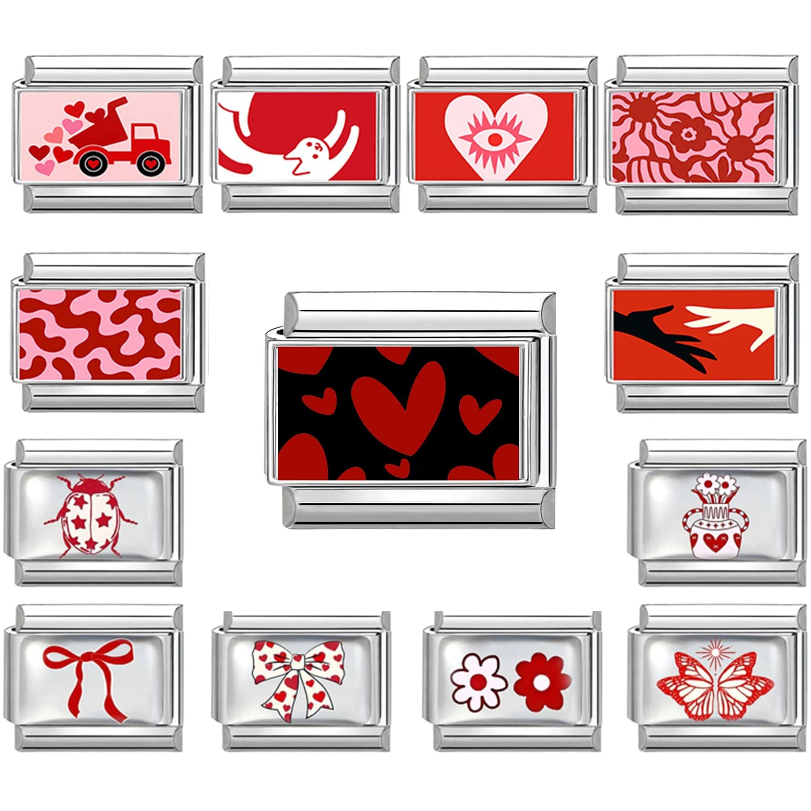 Fashion Y2K Red Printing Heart Eye Tai Chi Butterfly Car Italian Charm Links Fit 9MM Stainless Steel Bracelet Women DIY Making
