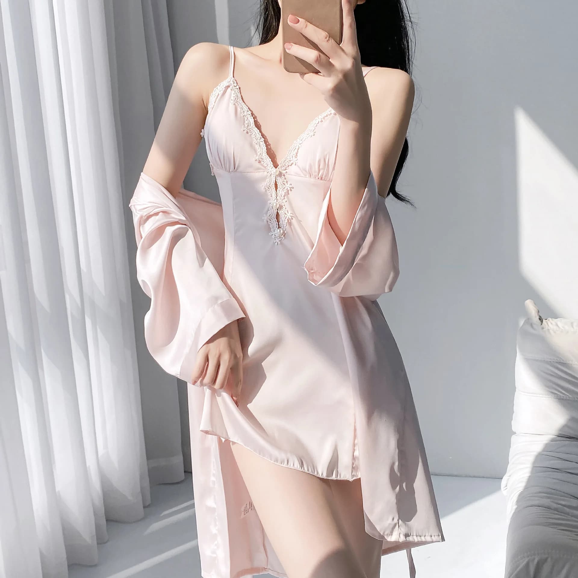 Completo Twinset Pigiama in Pizzo Camicia da Notte Kimono Vestaglia da Bagno Set Donna in Raso Setoso Estivo Abbigliamento da Notte Vestaglia Loungewear