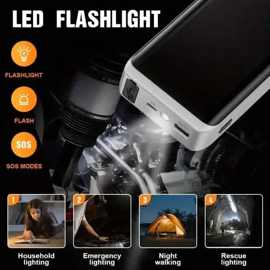 Avviatore di emergenza portatile 5000A Peak con porta USB, torcia a LED, batteria agli ioni di litio 12V per auto, SUV, camion e motociclette