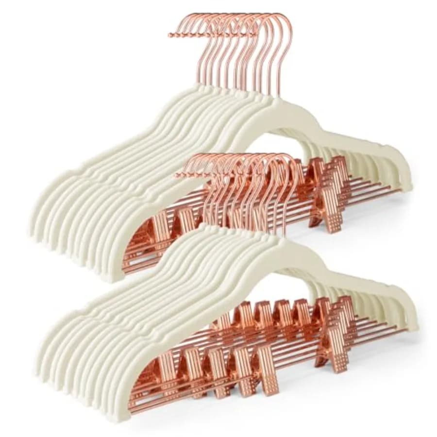 Appendiabiti in Velluto per Gonne, Confezione da 24, Antiscivolo, con Clip Color Oro Rosa, Appendiabiti Sottili con Clip, Appendiabiti in Velluto con Clip per Jeans e Abiti
