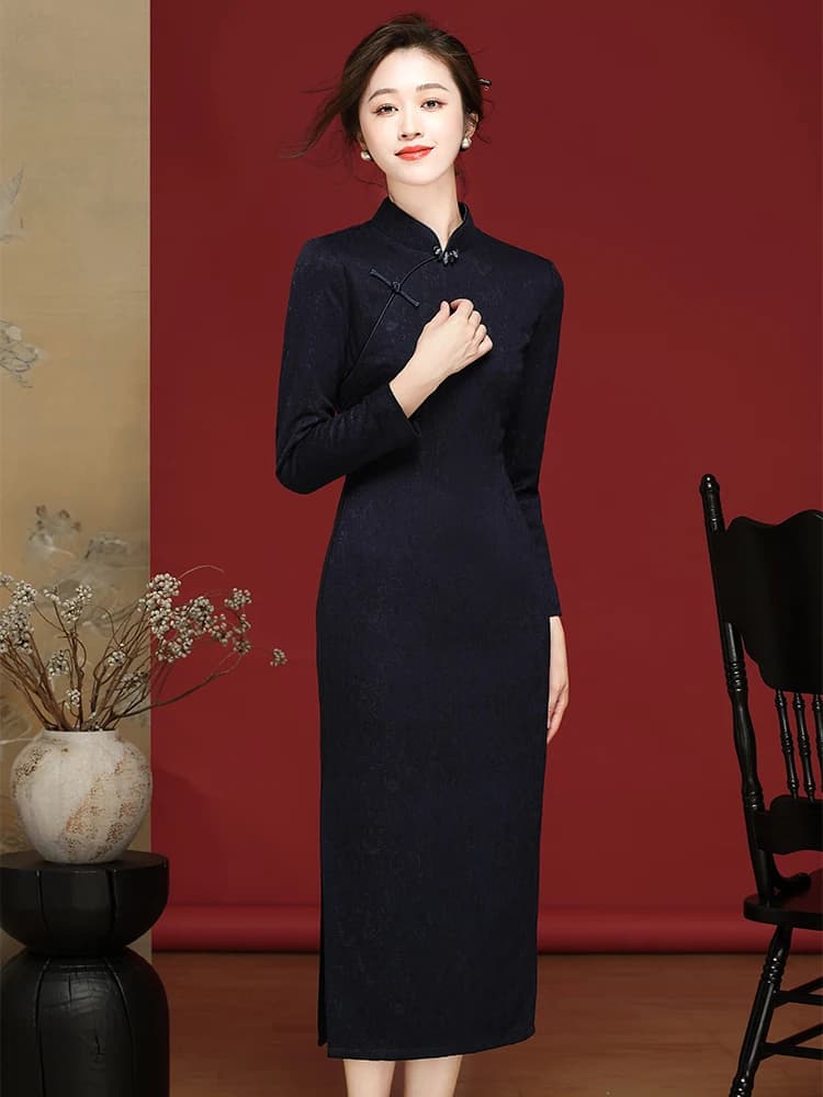 Elegant Deep Blue Knitted Long Sleeve Qipao Dress Dorabana Daily Spring Autumn Improved Mommy Style Wool Blend Floral Print