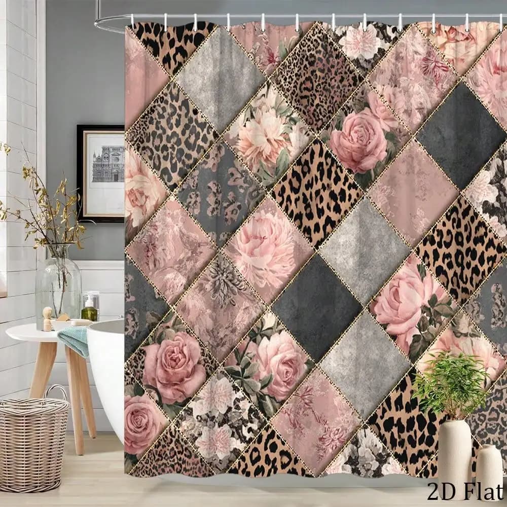 2D Flat, 2D Flat, 1pc Floral Patchwork Shower Curtain 70.8X70.8 Inch | Bathroom Decor Curtain with 12 Hooks Featuring Elegant Roses And Cheetah Print, Stylish Bath Partition Hanging Curtain, Fashion Theme, Washable, 2D Flat