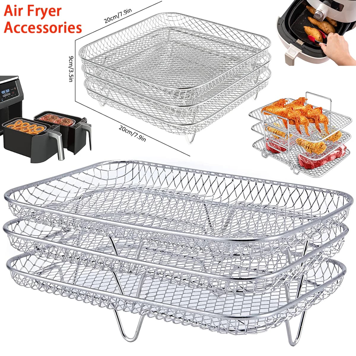 3 Layer Air Frying Grid Stackable Grill Stainless Steel Baking Machine Grill Steam Cooking Tools