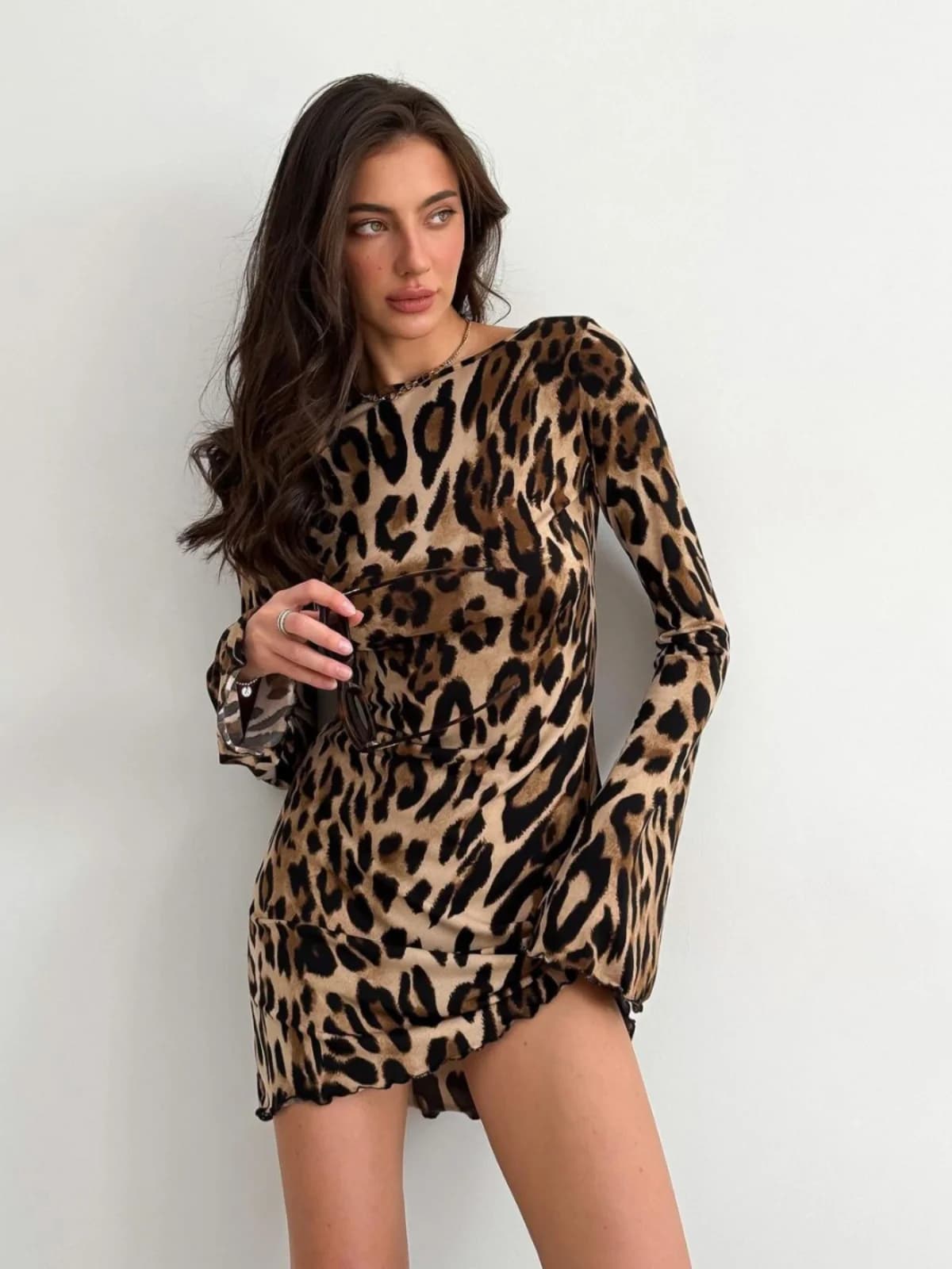 Sexy Backless Long Sleeve Leopard Print Dress Short Skirt Women's Fashion Autumn New Style Belted H-Line Polyester Fiber