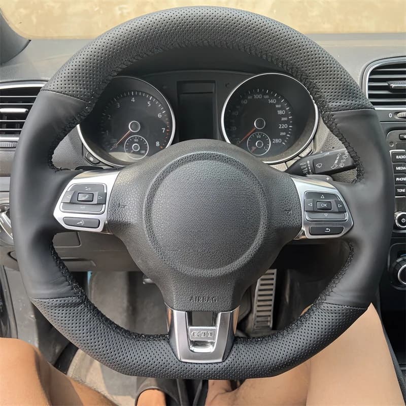 For Volkswagen Golf 6 GTI MK6 Custom Fit Full‑Wrap Hand‑Sewn Wear‑Resistant Car Steering Wheel Cover Steering Wheel Protector