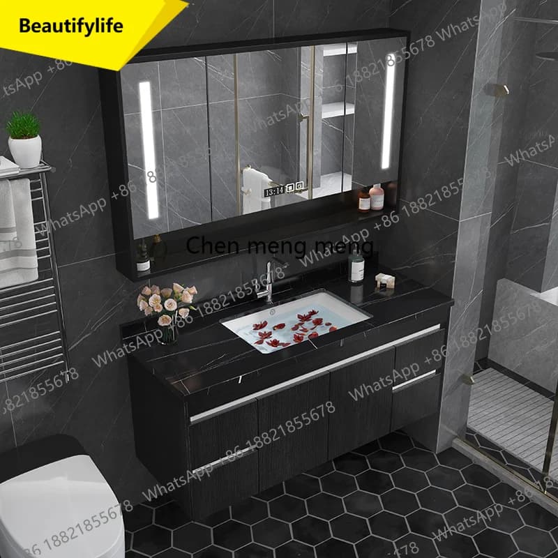 Mobile Bagno D02 Nero Rustico Classico Europeo Salvaspazio con Specchio Smart - Meuble Salle De Bain