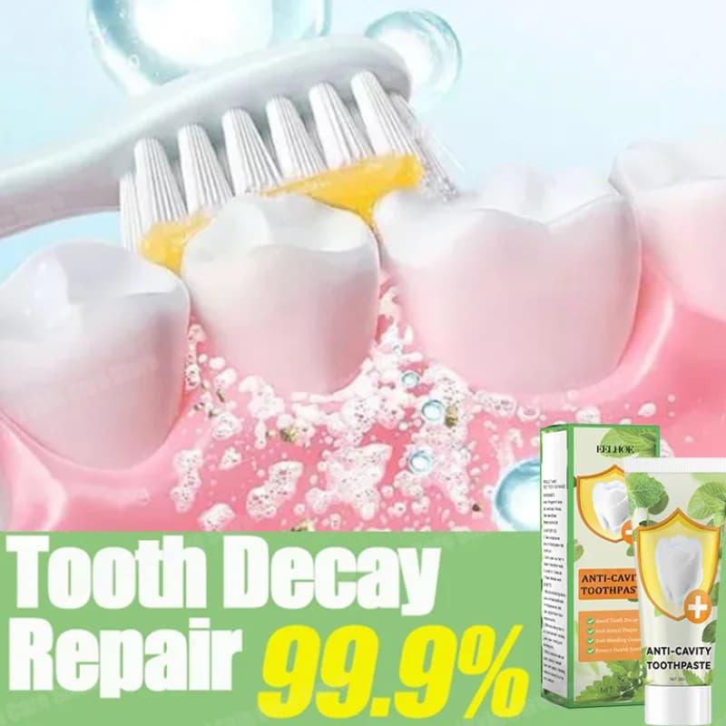 Anti-carious toothpaste repairs cavities, removes cavities, cleans plaque, closes teeth and refreshes breath