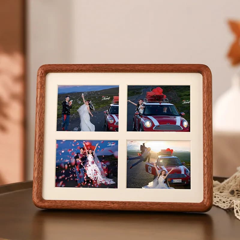 Cornice Portafoto a Quattro Scomparti in Legno Massello di Noce con Giunzione a Mortasa e Tenone - Elegante Espositore da Scrivania per Ricordi di Viaggio e Foto di Bambini