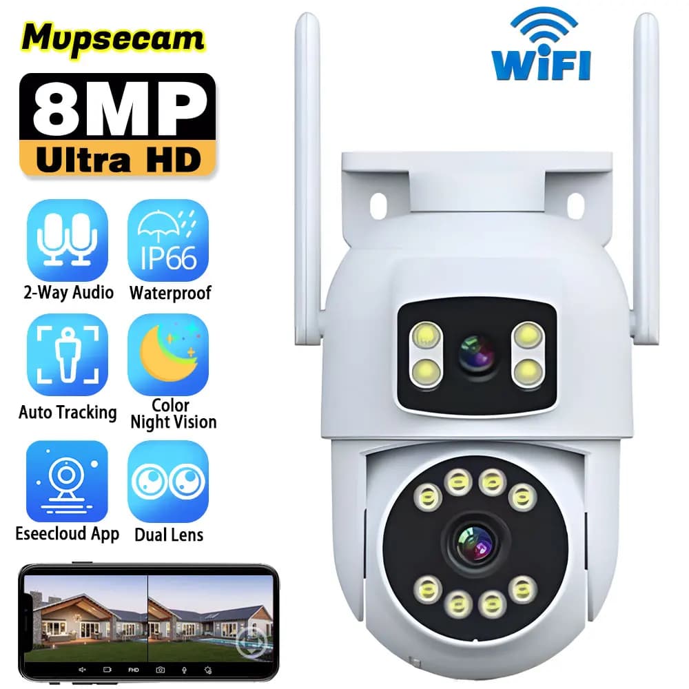 Smart Home 8MP Dual Lens WIFI Telecamera di sicurezza PTZ Visione notturna a colori Telecamera di sorveglianza Wi-Fi CCTV wireless esterna Eseecloud