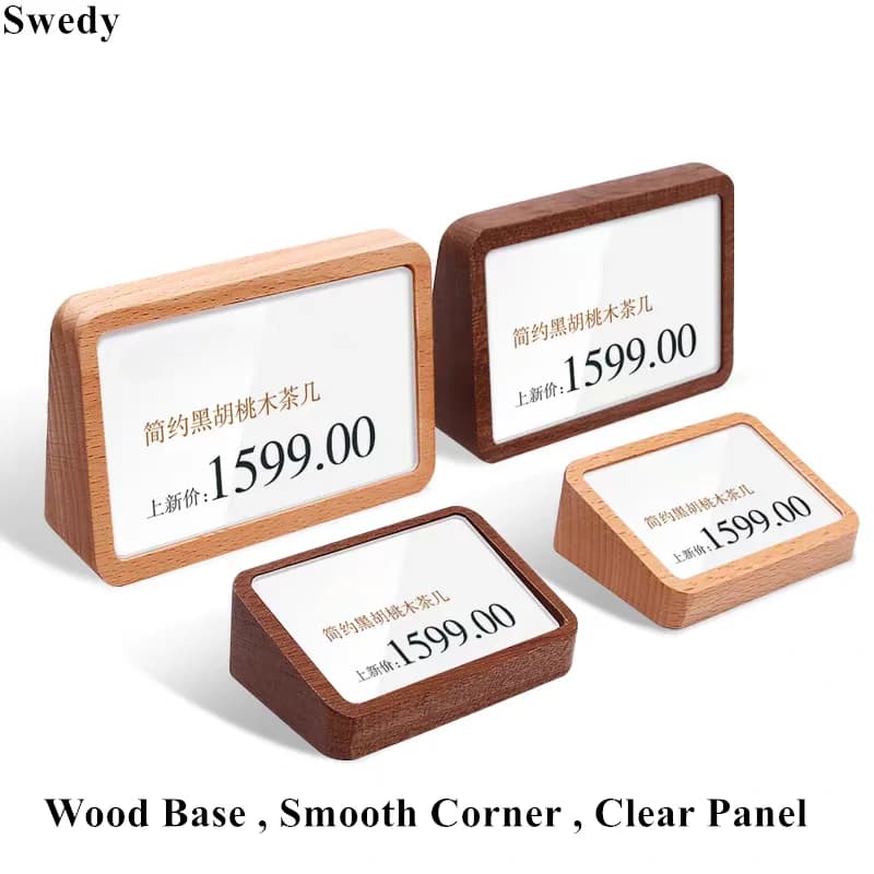 Set di 5 Porta-Cartellini in Legno e Acrilico 90x54mm, Espositore da Tavolo per Numeri, Nomi, Menu di Ristoranti, Etichette Prezzi