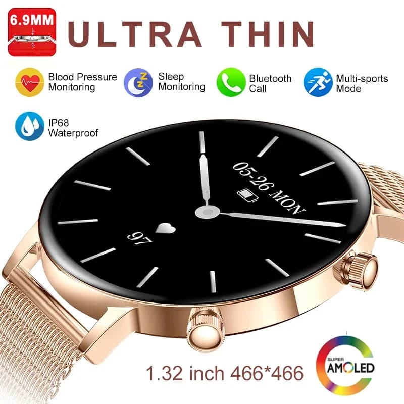 Nuovo Smartwatch Ultra Sottile per Donne con Schermo AMOLED HD, Braccialetto Sportivo, Monitoraggio della Salute, Chiamate Bluetooth, Orologio Intelligente alla Moda per Signore