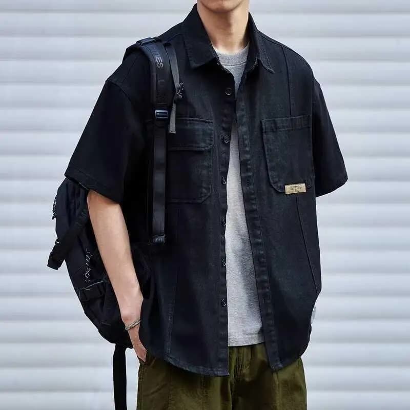Summer American Retro Men's Loose Fit Short Sleeve Denim Shirt Heavyweight Trendy Workwear Jacket Casual Versatile Outerwear