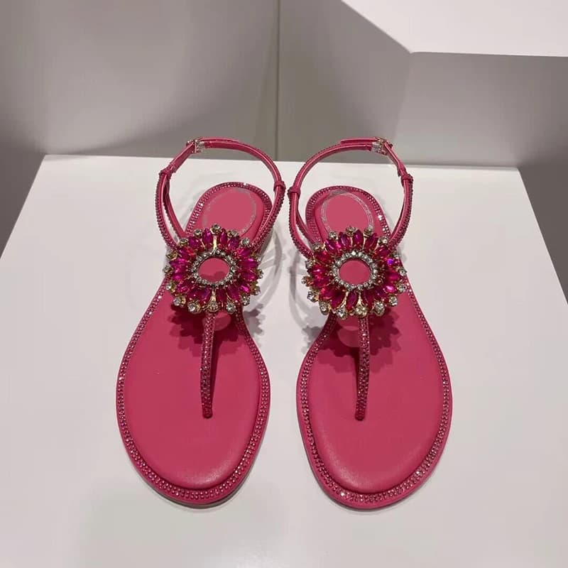 Sandali da donna con cinturino in tinta unita Sandali con punta pizzico Fiore con strass Decor Gladiatore piatto Scarpe estive per le vacanze al mare