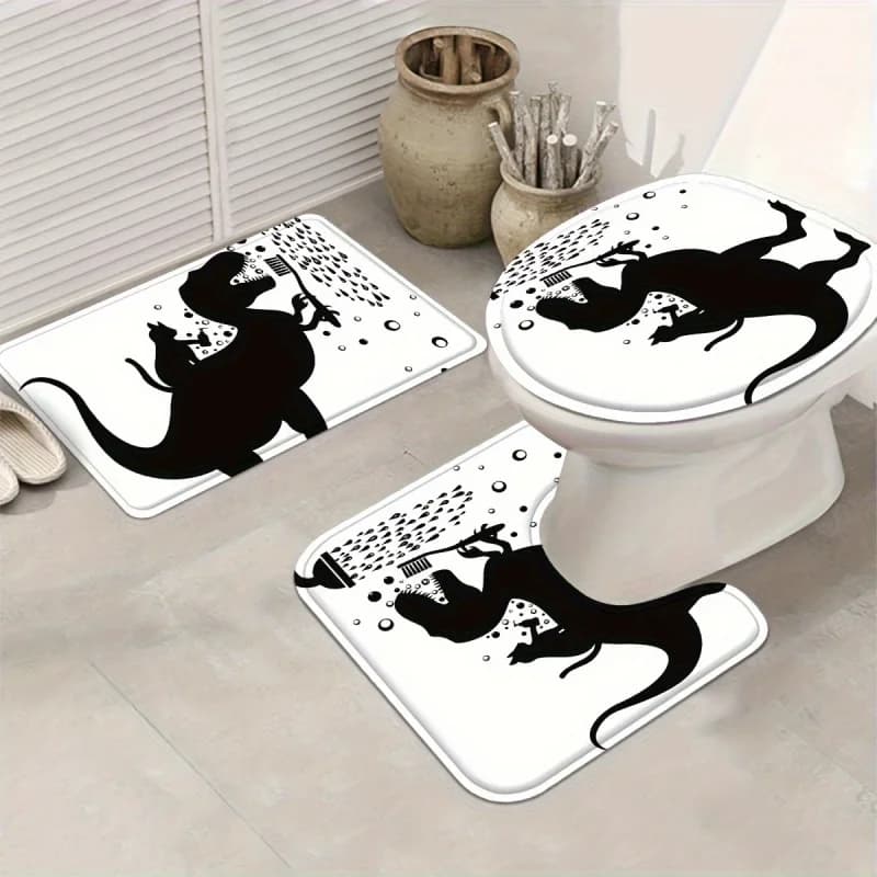 4Pcs Dinosaur Shower Curtain Set, Housewarming Gift Modern Home Decor, Black And White Tooth Brushing Bathing Dinosaur Pattern S