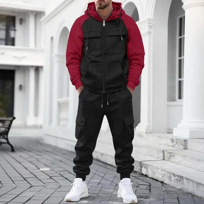 Men's color block suit with raglan sleeves, set 2 pieces with full zip sweatshirt and jogger pants