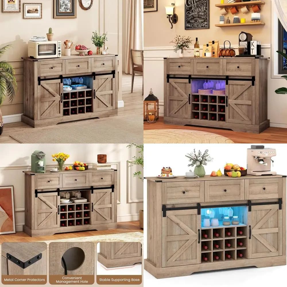Credenza Illuminata da 52 Pollici con Anta Scorrevole, Portabottiglie per 12 Vini e Portabicchieri per Soggiorni Moderni