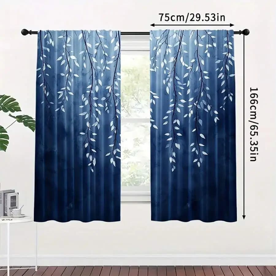 2 Panels Blue Sheer Curtains With White Leaves Pattern Light Filtering Polyester Modern Style For Living Room Bedroom