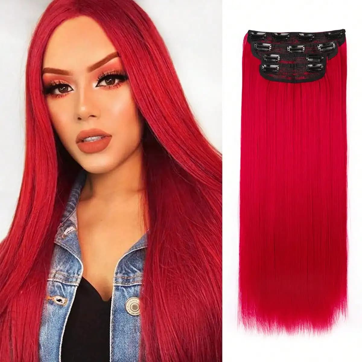 Synthetic extensions for black hair Straight clip in hair extensions Clip in - Soft and thick (20 inches, 4 pieces, Red)