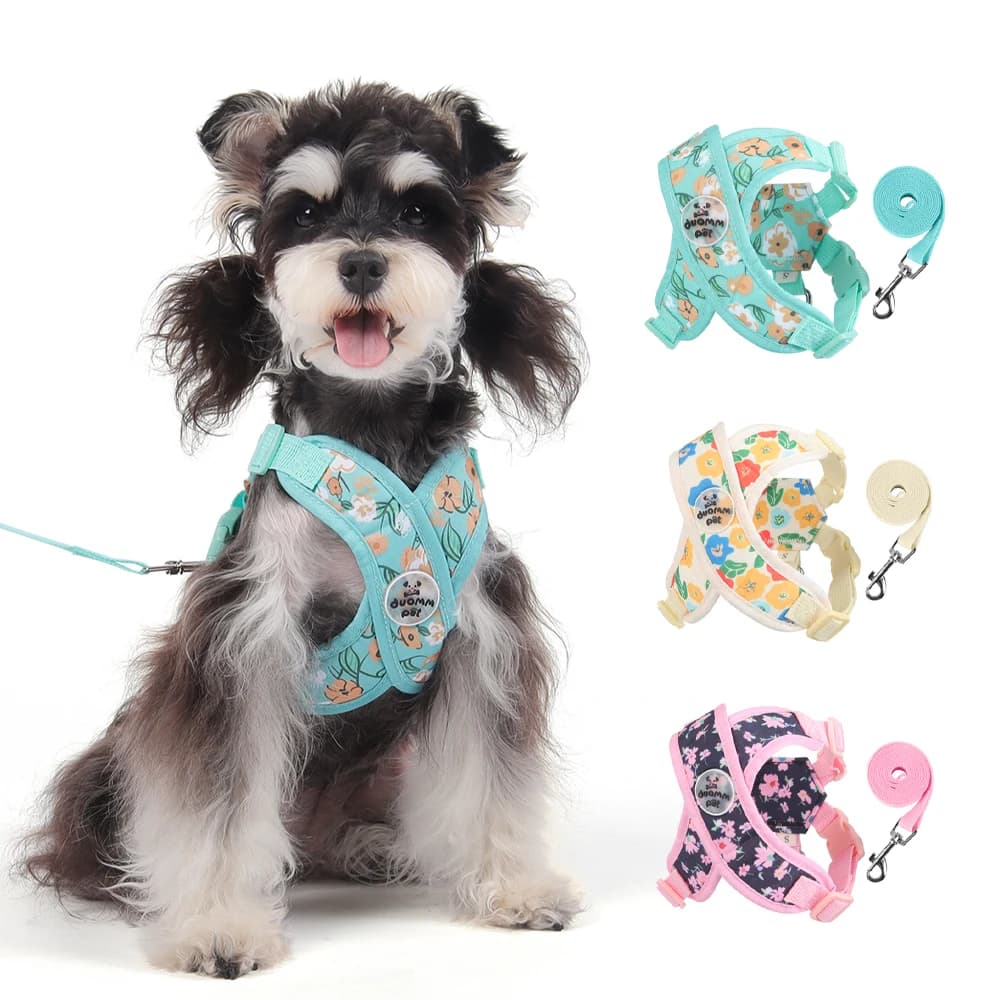 Small Dog Walking Harness Leash Schnauzer Pet X-Shaped Breathable Floral Escape-Proof Soft Lead Bichon Frise Dog Harness
