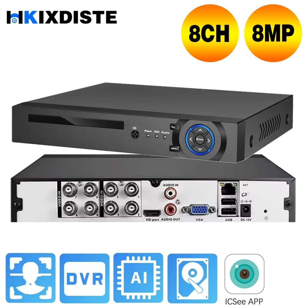HKIXDISTE 4CH/8CH CCTV DVR 4K 8MP 5MP Face Detec AHD CVI TVI CVBS Telecamera IP Videoregistratore digitale ibrido Sistema di sicurezza domestica