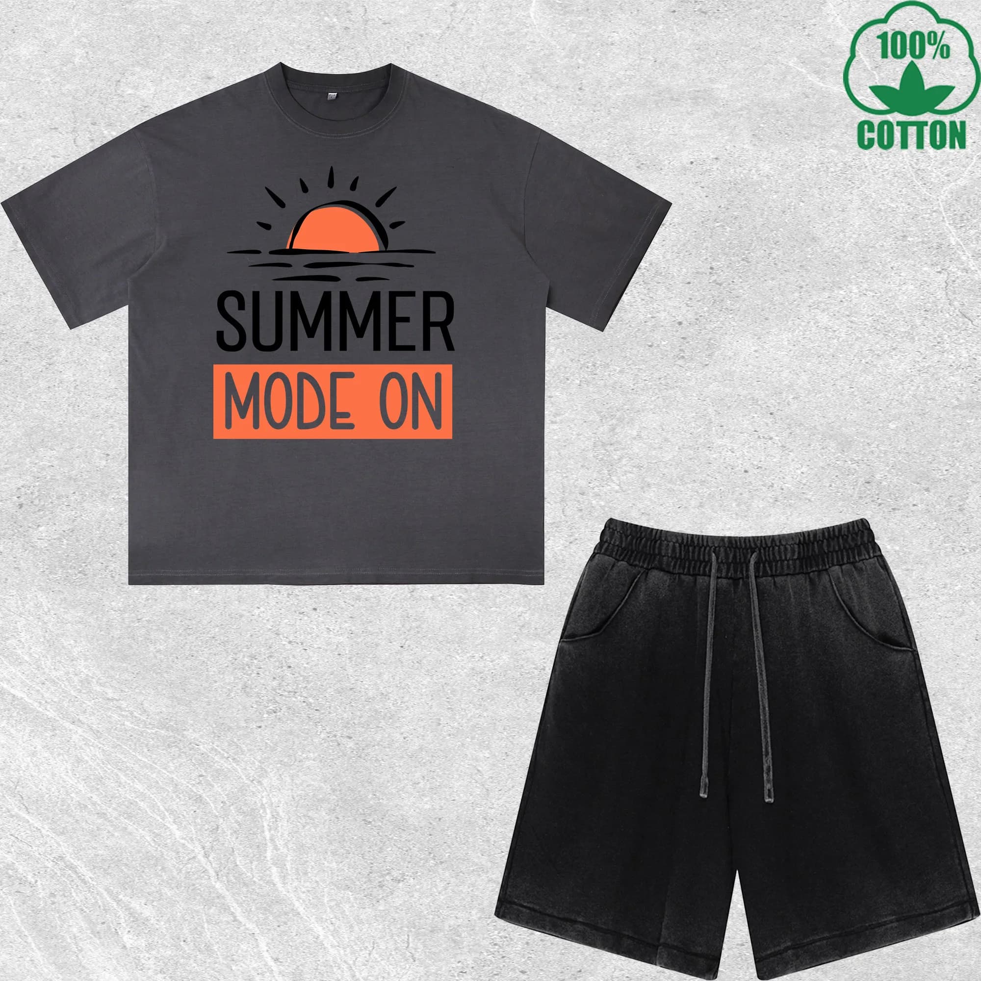 Complete Summer Printed with T-Shirts and Shorts Delavé Effect, Trendy Style and Comfortable, 100% Cotton, Black