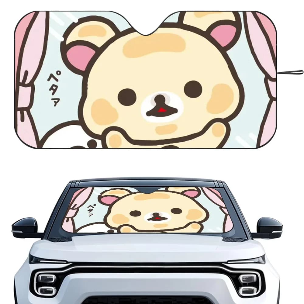 r-Rilakkuma Bear Car Sunshade Curtains Heat-insulating Aluminum FilmReusable Suction Cup Blocks UV Rays Car Sun Visor Protector