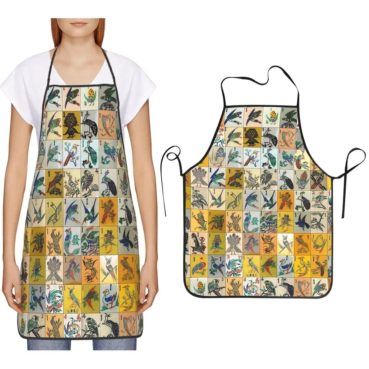 Grembiuli Mahjong con Motivi di Uccelli, per Chef, Cucina, Pasticceria, Pulizie, Pittura, per Donne e Uomini