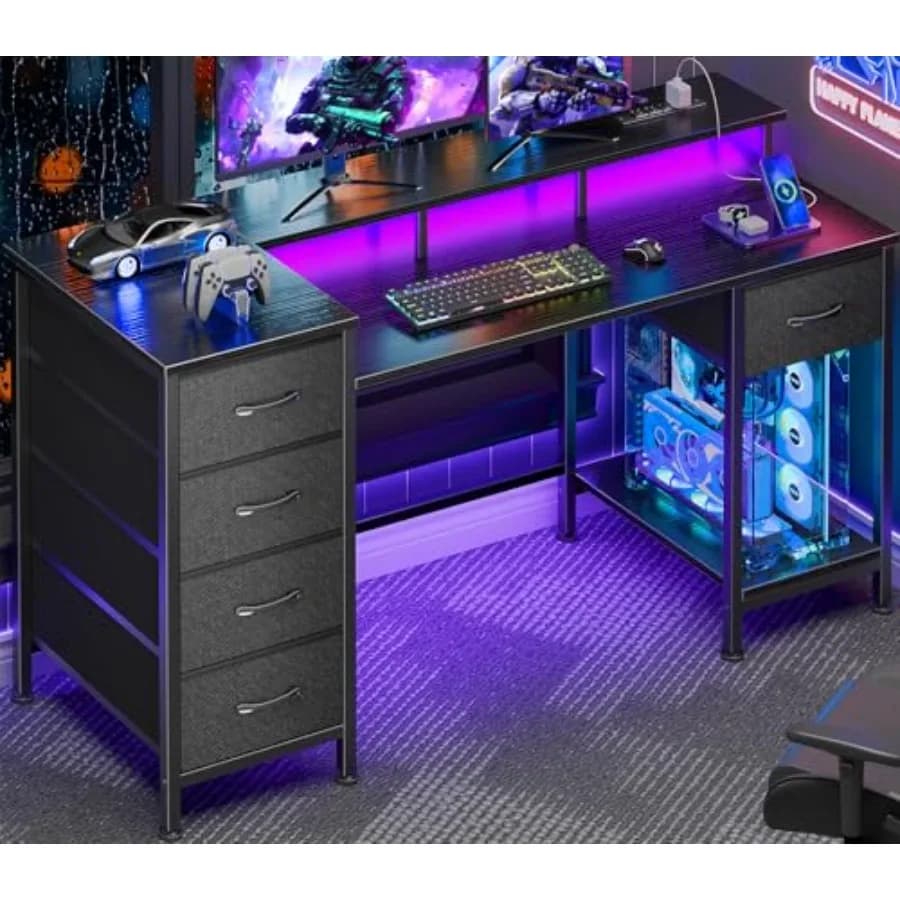 Scrivania per Computer da 47 Pollici con 5 Cassetti in Tessuto, Scrivania da Gaming con Prese di Corrente e Luci LED, Scrivania Reversibile per Ufficio Domestico