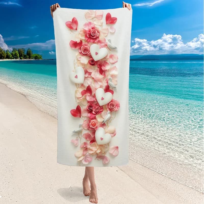Telo mare 1 pezzo con motivo a cuore, tessuto in poliestere, lavabile in lavatrice, ideale per la spiaggia e i viaggi, decorazione del bagno
