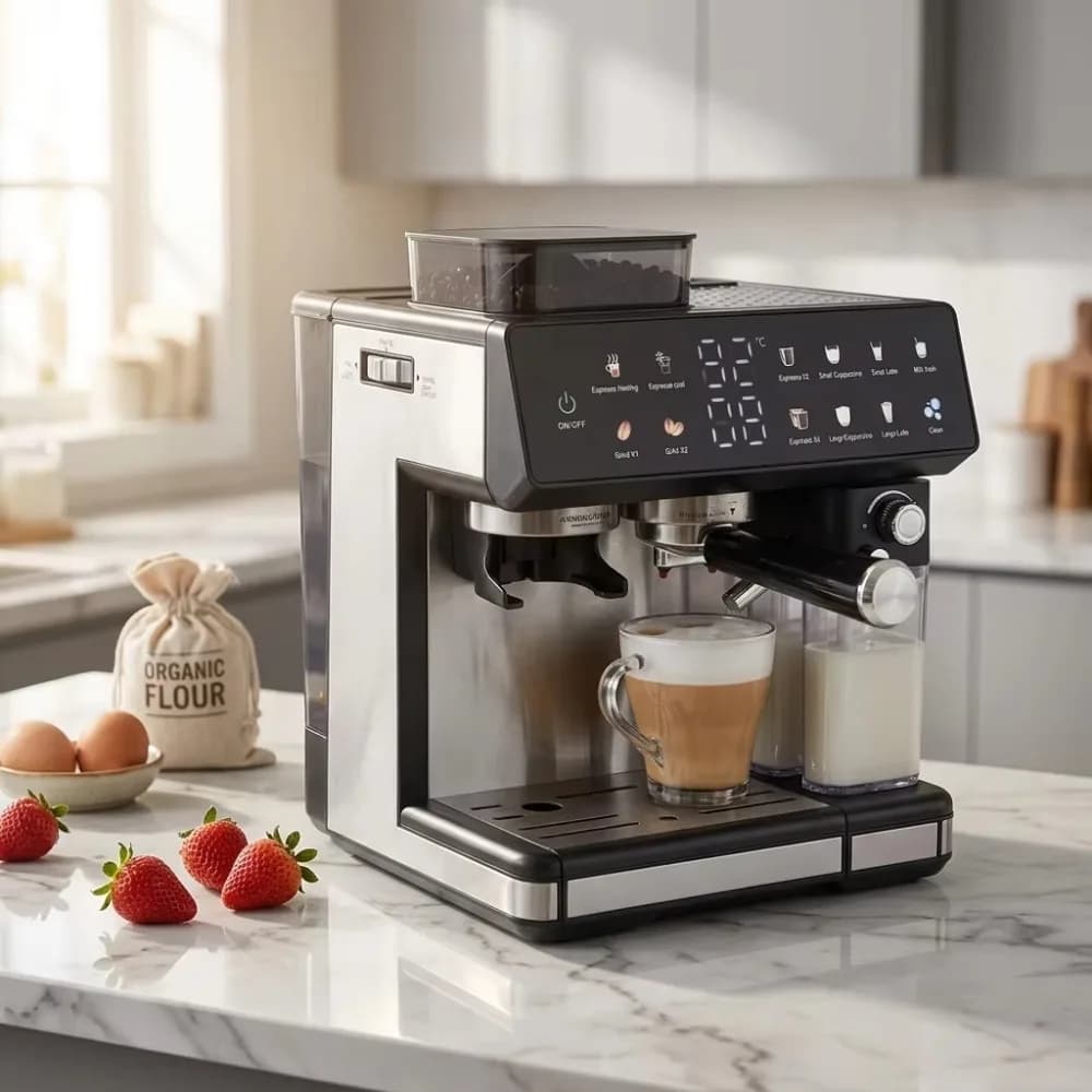Automatic Coffee Machine, Electric Espresso Maker, Commercial Household Use, Lever Grinder, Brew System