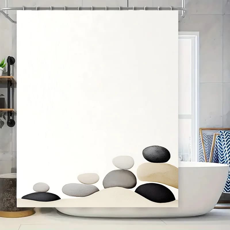 Tappetino da bagno Stampa decorativa Set di tende da doccia Impermeabile Decorazione del bagno di casa Motivo geometrico moderno Pietra Bilanciamento Des