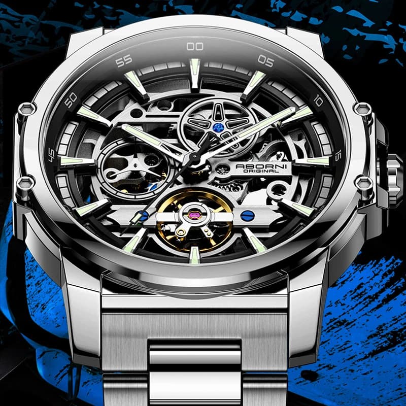 ABORNI 9039 Men's Watch Tourbillon With Single Design Skeleton Dial Stainless Steel Waterproof Men's Automatic mechanical watch