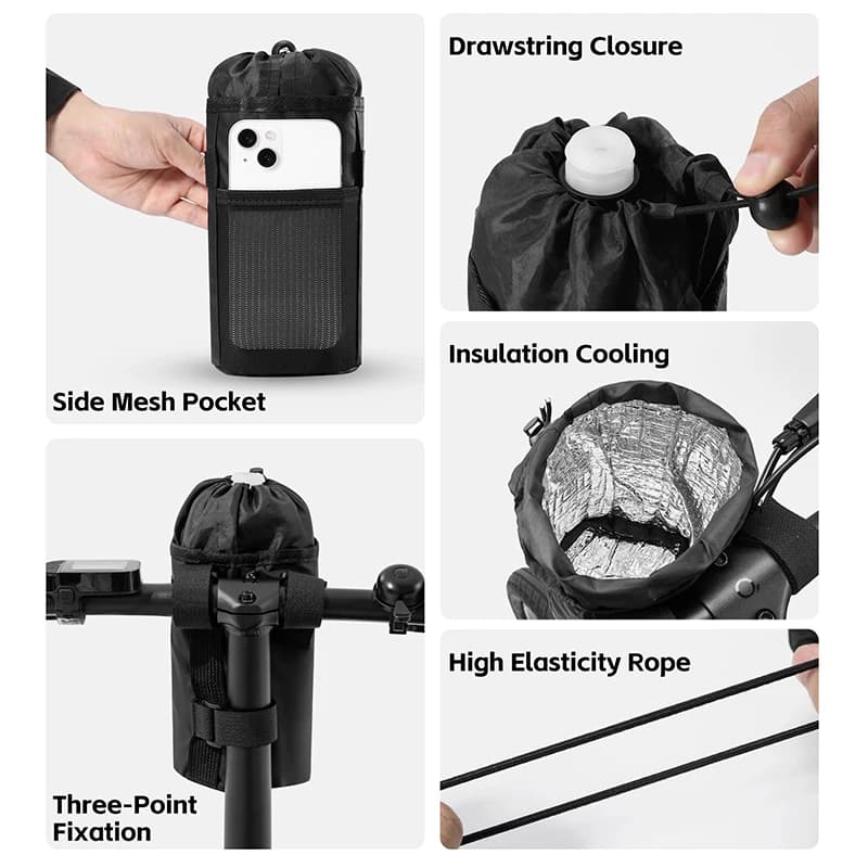 Bicycle and motorcycle water bottle bag, handlebar support, cycling hydration package, hiking, outdoor camping accessories, bike bag