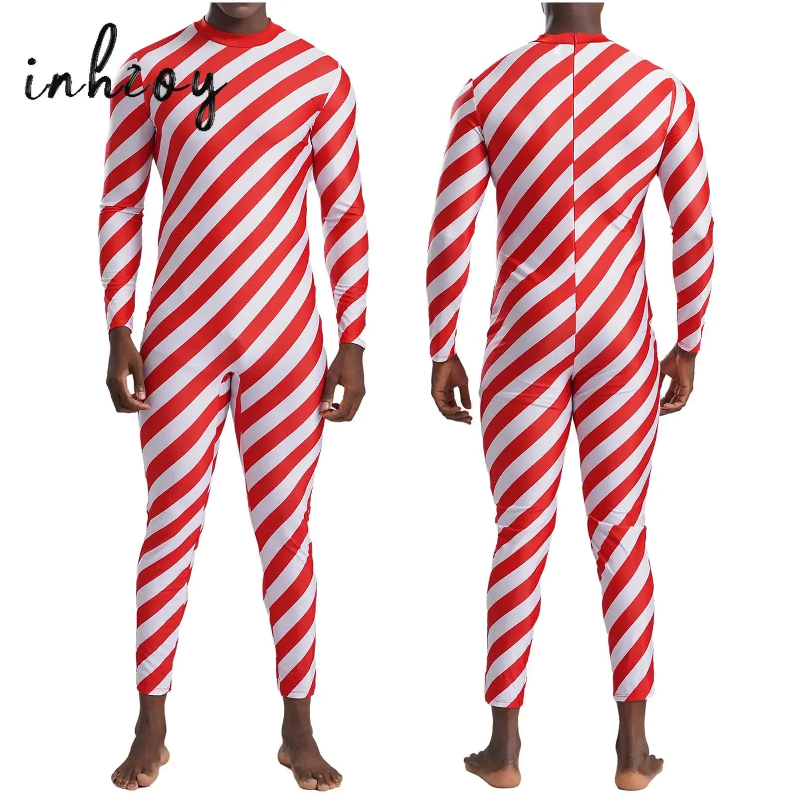 Candy Cane Full Body Ginnastica Body Jersey Pattinaggio di figura Tuta Natale Balletto Performance Abbigliamento da ballo per uomo Donna