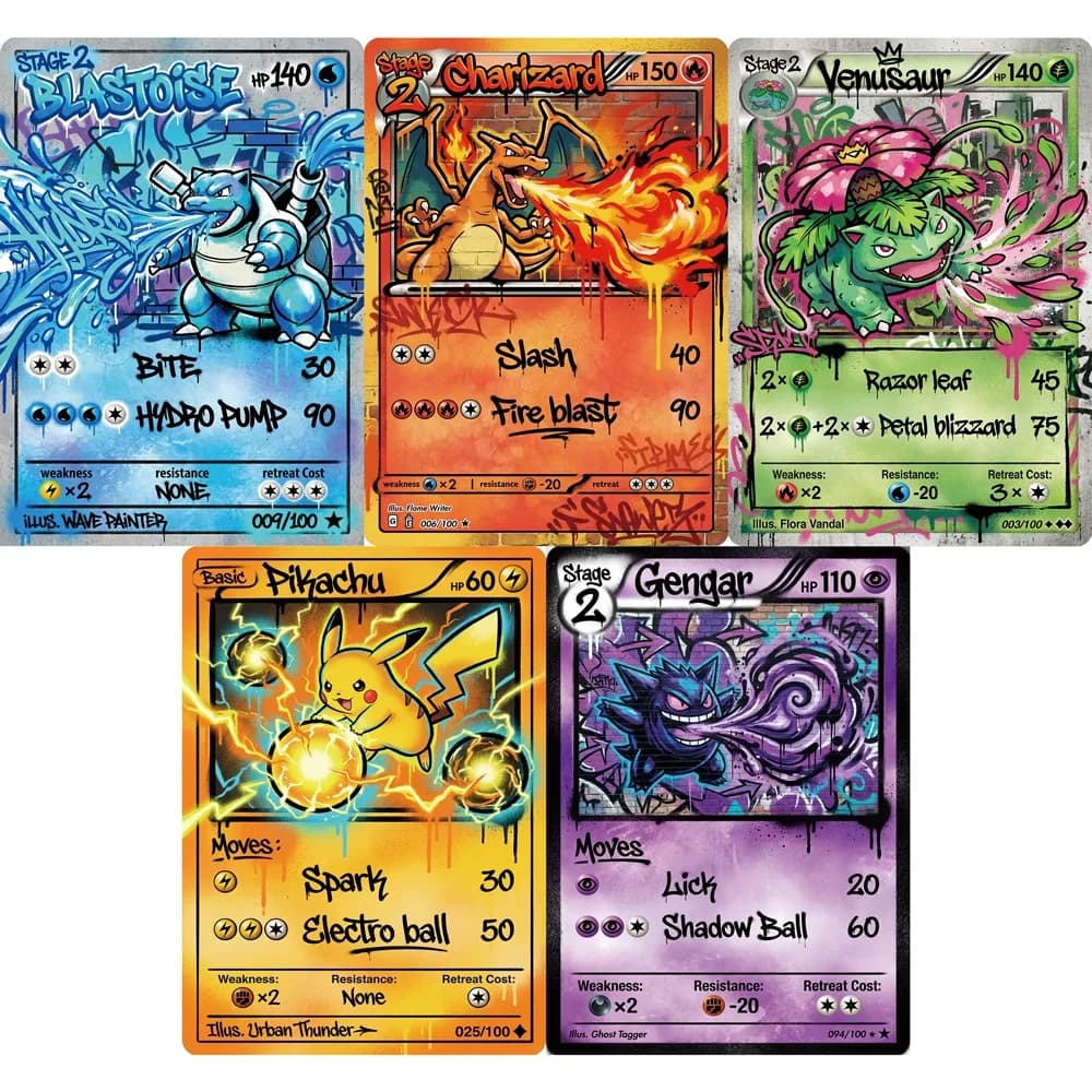 5 Carte Pokémon Charizard Gengar Blastoise Venusaur Stile Graffiti di Strada Rare Olografiche Carte PTCG da Collezione Regalo