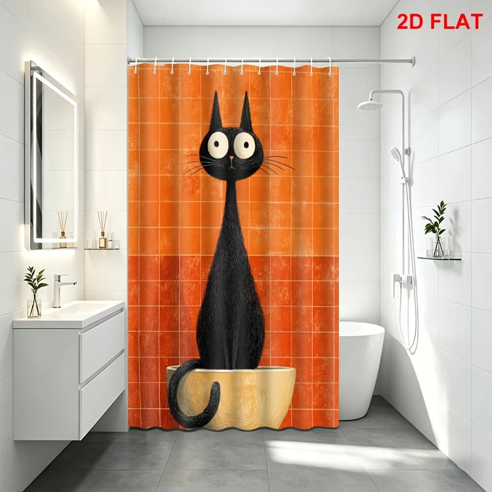 Unique Black Cat Funny Shower Curtain for Bathroom Decor Tile Pattern Waterproof Curtain Liner Novelty Art Shower Curtain for Mo