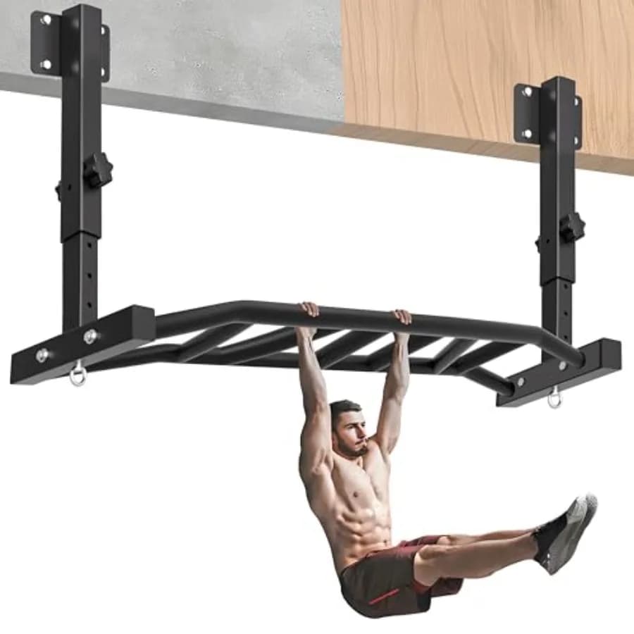Home gym ceiling-mounted pull-up bar steel black 48-inch joist mount 600 lbs capacity 5-height adjustable round anchors easy in