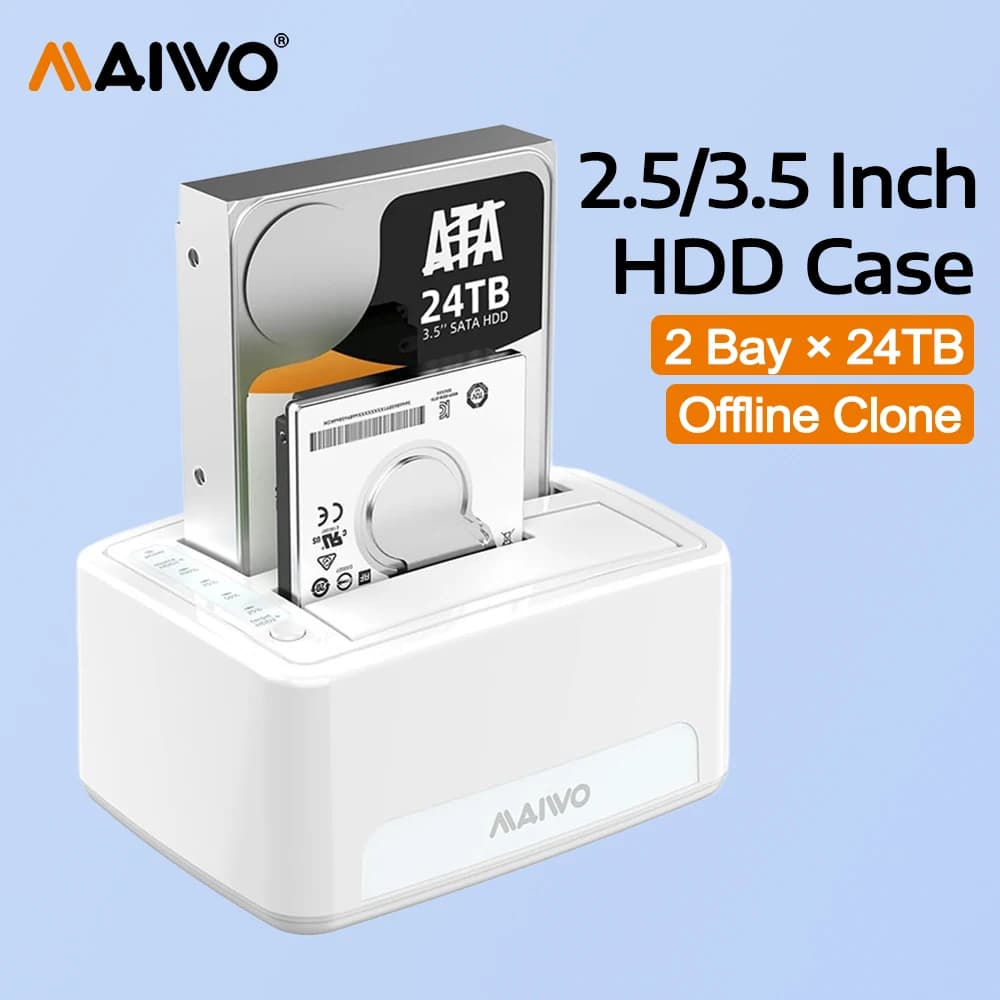 MAIWO Docking Station per Hard Disk a 2 Bay con Clonazione Offline, Case Esterno da 5Gbps per HDD/SSD SATA da 2.5'' e 3.5'' con Spazio di Archiviazione fino a 48TB