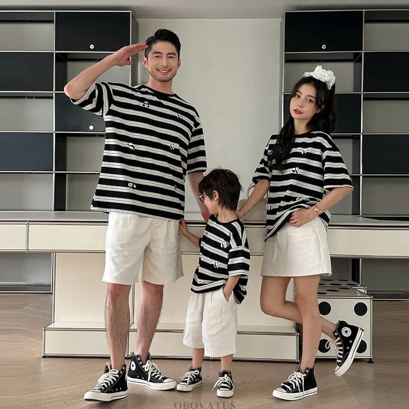 Summer Family Matching Outfit Cotton Stripe T-shirt Shorts Skirts Clothes Set Couple And Kids Baby Vacation Panda Costume Suit