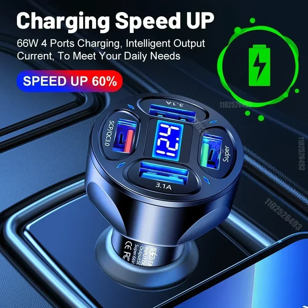 Uscita caricabatteria per telefono cellulare per auto Ricarica rapida ad altissima potenza 4 porte, display digitale a LED - Uno per quattro multitelefoni USB 3.1A