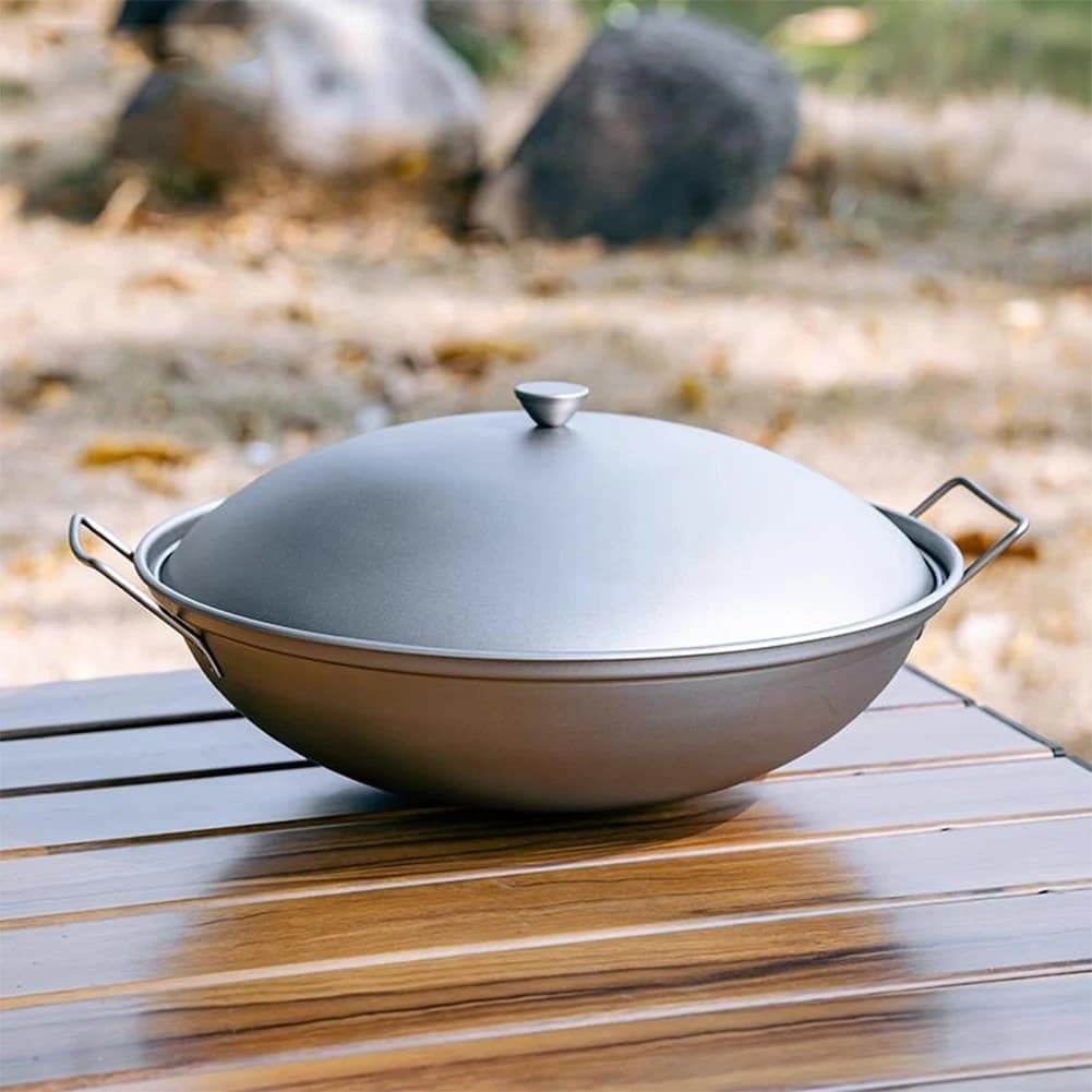 Titanium Wok pan with lid Double handle induction cooker Outdoor camping Alcohol Stove