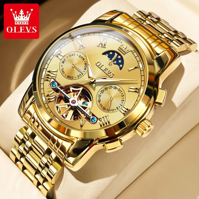 OLEVS 6617 Men's classic mechanical watch Waterproof working watch with stainless steel strap Sun and moon waterproof watch 30M