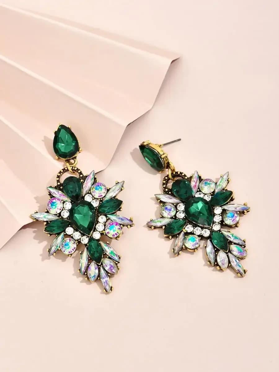 Green Rhinestone Floral Drop Earrings For Women