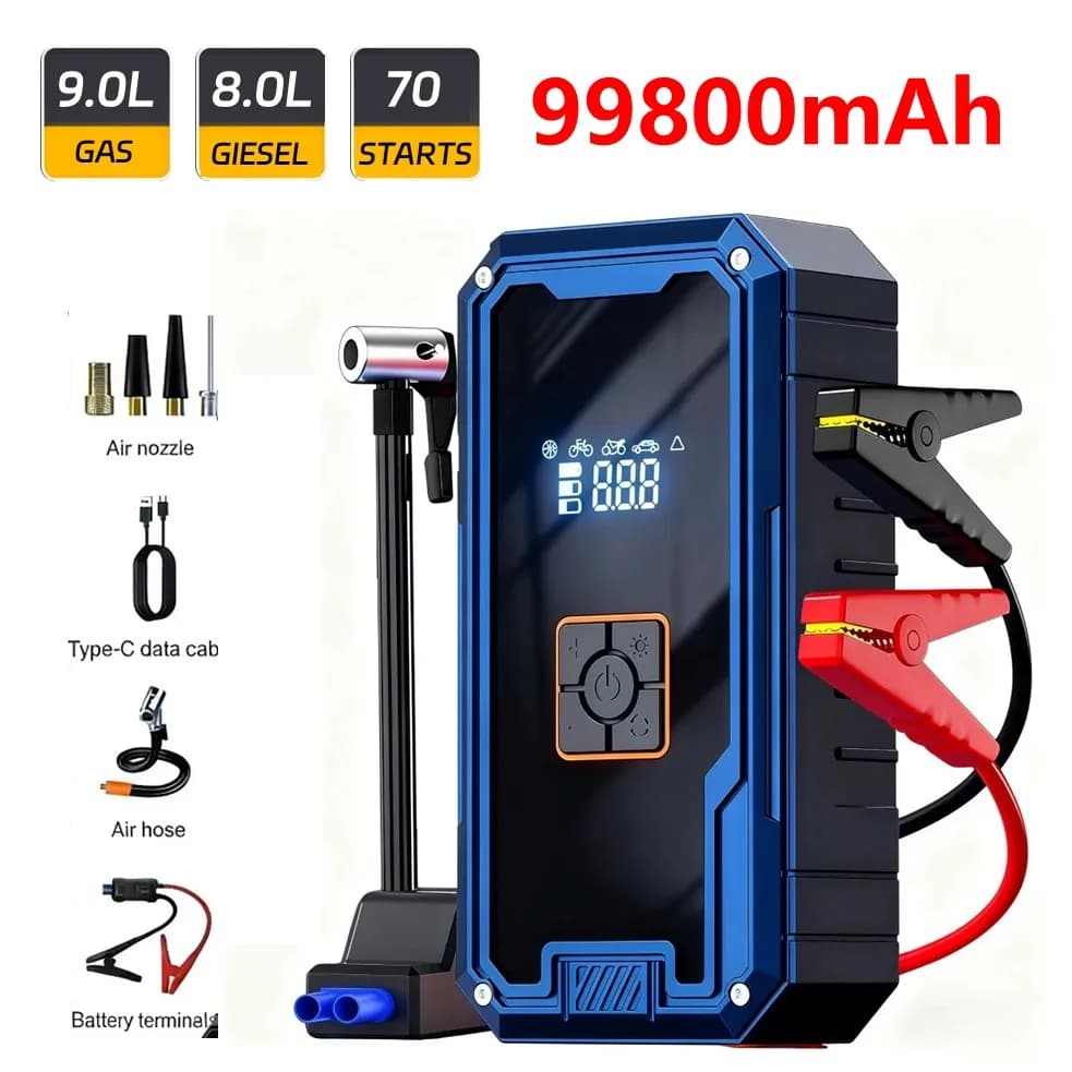 Avviatore di Emergenza Portatile per Auto 3000A con Compressore d'Aria 99800mAh (9L Benzina/8L Diesel) Power Bank Portatile